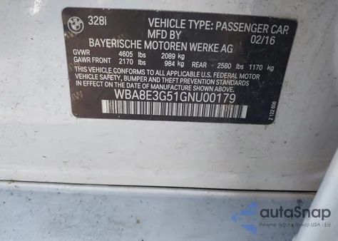 2016 BMW 328I xDrive из США, поврежденный, VIN WBA8E3G51GNU00179